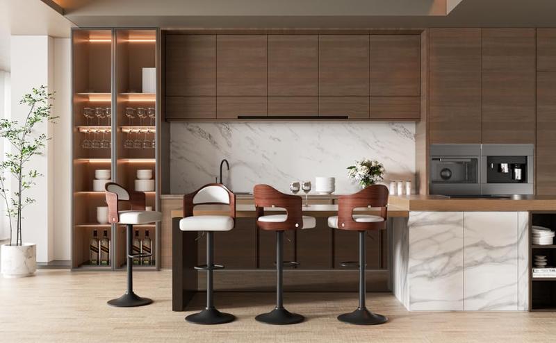 Swivel Bar Stools Set of 1/2 Seat Adjustable Height 24.5-33.5IN, Wooden Barstools PU Leather Upholstered Bar Chairs with Back & Footrest for Bar Kitchen Dining Room