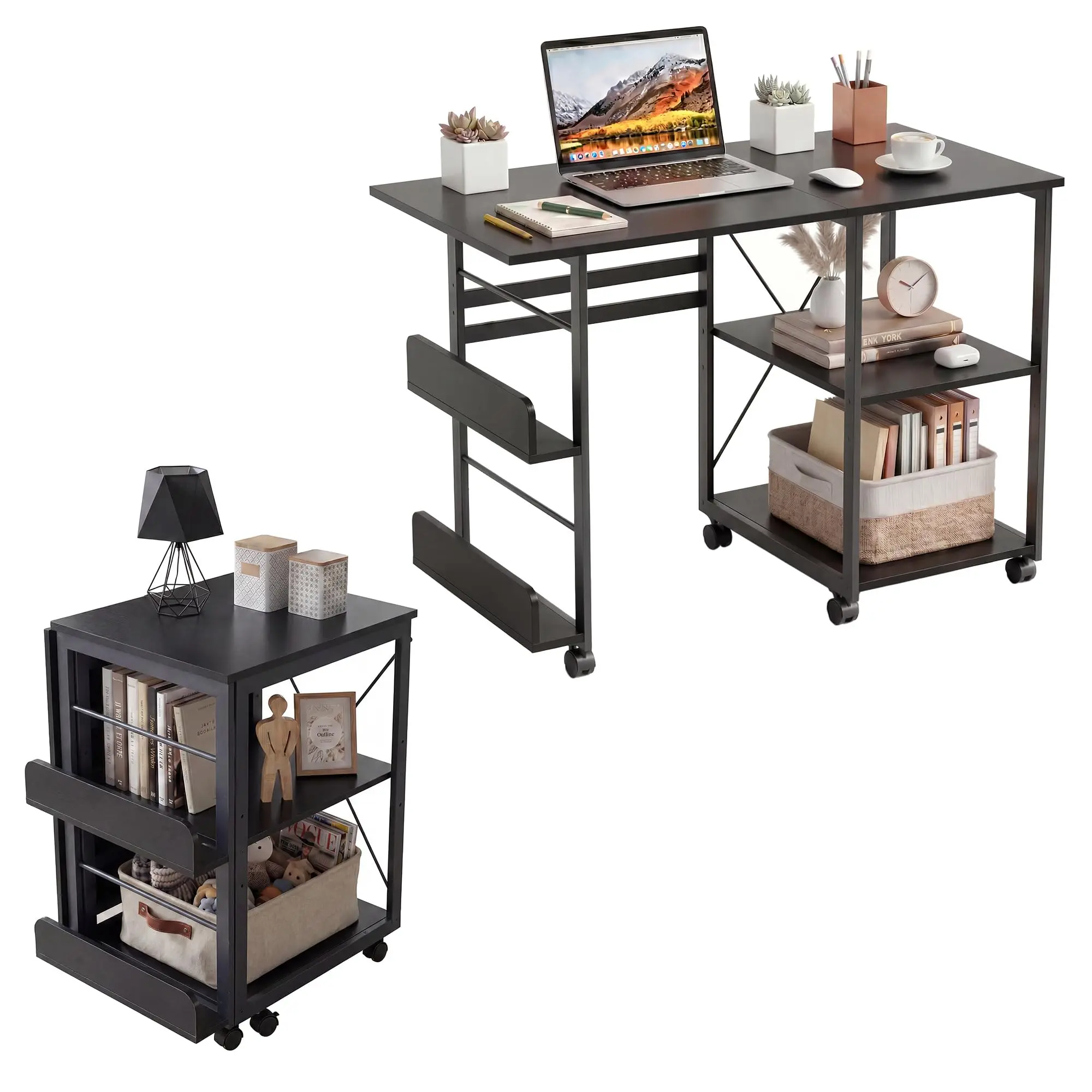 Folding Computer Desk with Caster Base, Metal Frame & Fold-Out Panel - Mobile Home Office Writing Table with Storage Shelf, Side Rack - Space-Saving Modern Furniture Workstation for Small Rooms