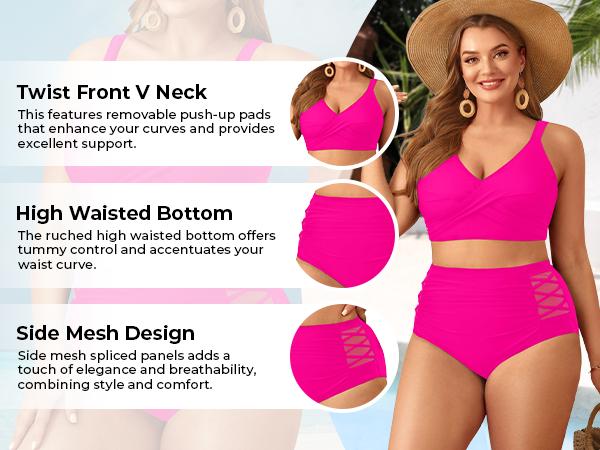 Tempt Me Plus Size Two Piece Swimsuit - High Waisted Bikini Set Tummy Control Bathing Suits for Women