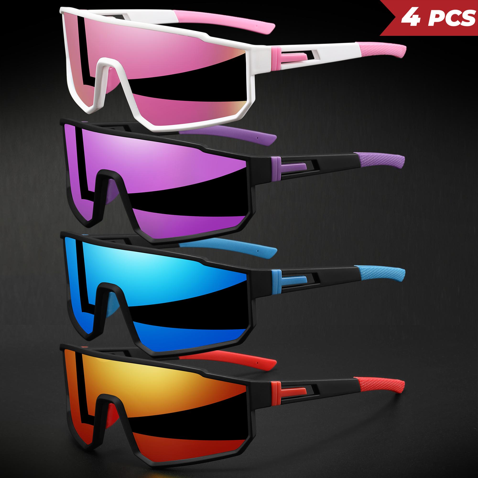 XUH 4PCS Unisex Oversized Sports Cycling Sunglasses, Colorful Wraparound UV400 Protection Windproof Glasses, Comfort Fit for Cycling Hiking Outdoor Sports,summervibes