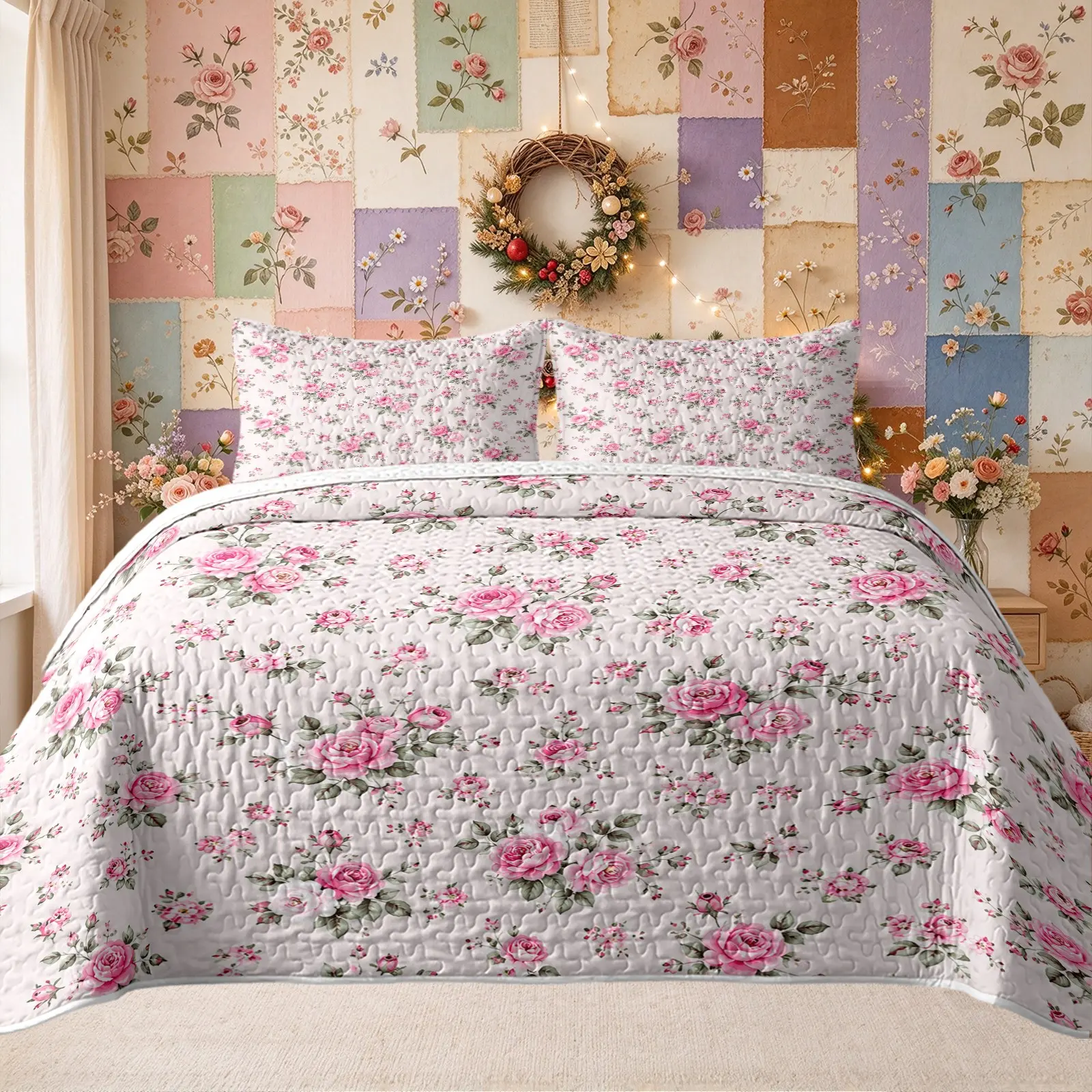 3pcs Pink Rose Quilt Set, Floral Bedding Set Light Base Vintage Pink Rose Floral Printed Quilt with 2 Pillow Shams, All Season Use Reversible Design No Comforter Inside, Sweet Style Gift, Flower Quilt Set
