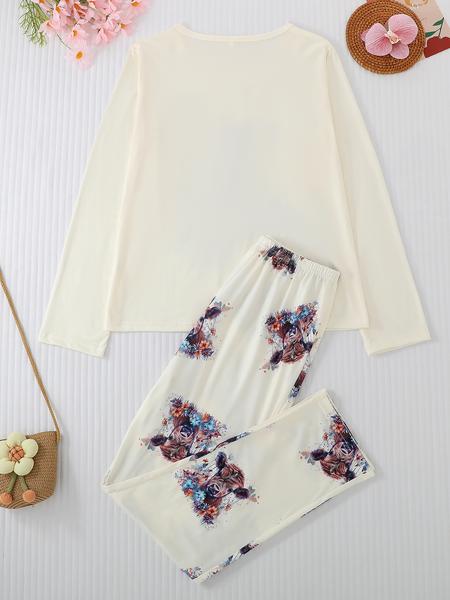 Women's 2-Piece Pajama Set, Casual Round Neck Long Sleeve Top & Elastic Pants, Cartoon Print, All-Season Comfortable Sleepwear