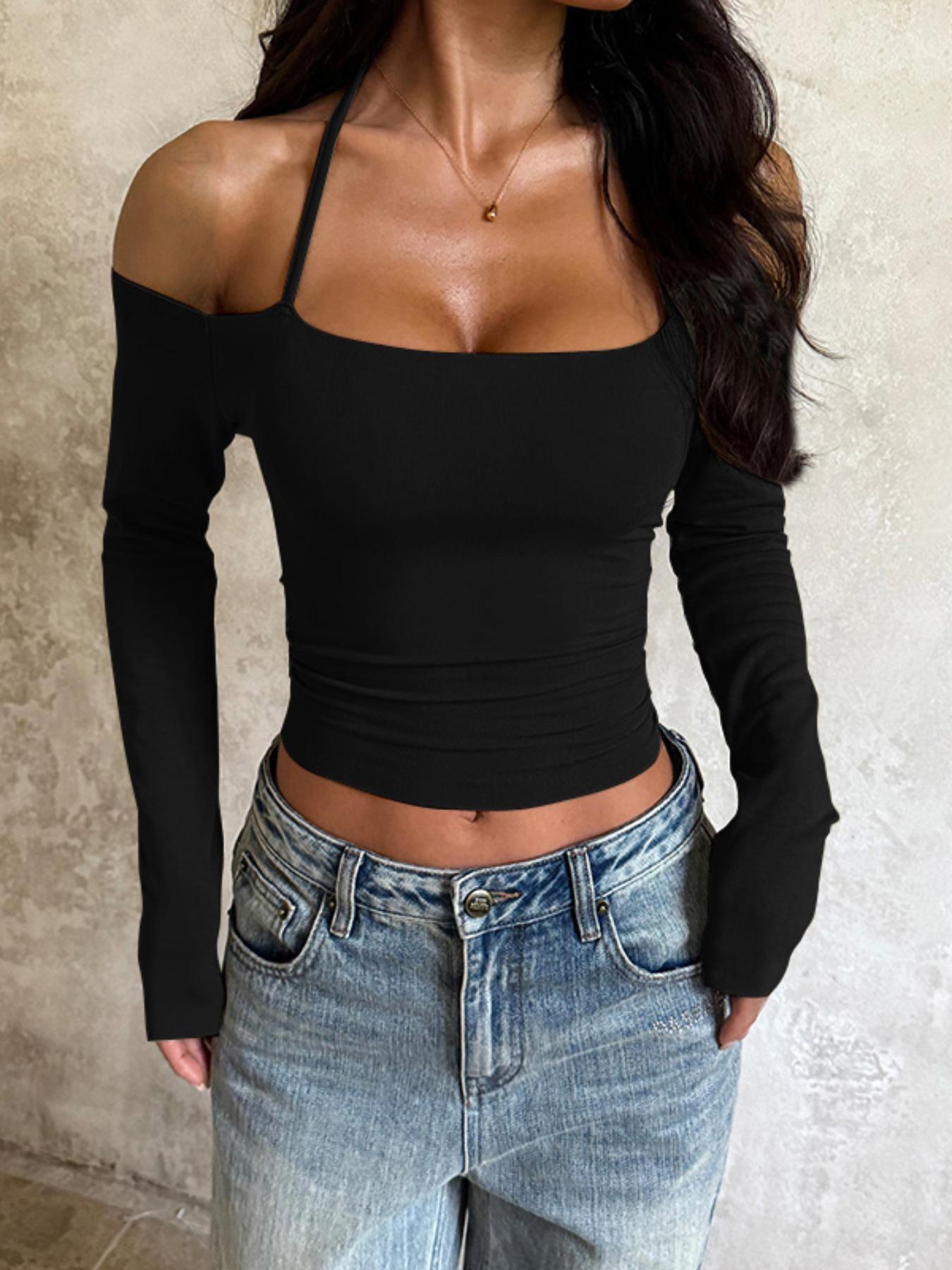Women's One Shoulder Long Sleeve Top, Casual American Style Basic Shirt, Plain Design, Perfect for Daily Wear & Layering