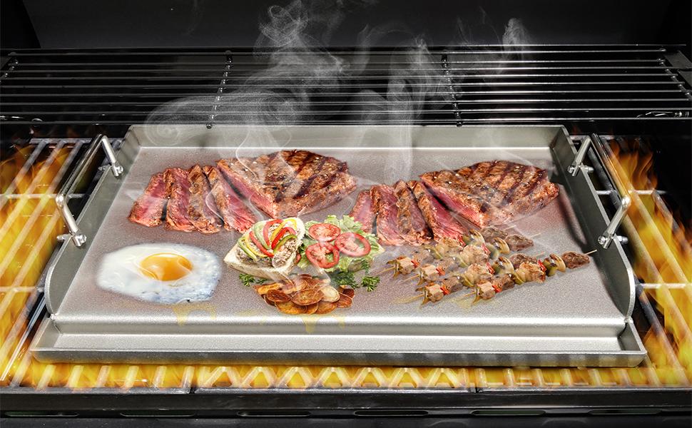 Elf Grill 17"x13" Universal Metal Flat Top Griddle – Kitchenware for Barbecue – Compatible with Weber/Nexgrill & More – Includes Stainless Steel Utensils for Gas/Charcoal/Electric Grills