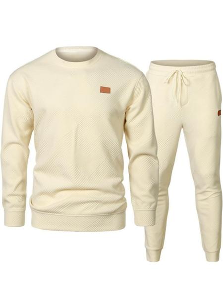 Men's Autumn Texture Fabric Crew Neck Sweatshirt & Pants Set, Elastic Waist Drawstring Long Pants, Casual Wardrobe Essential