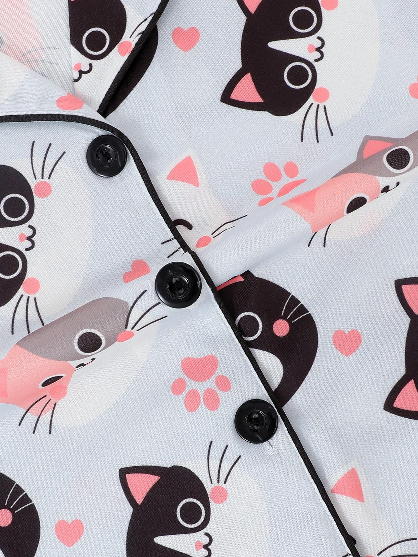 2-Piece Kids Pajama Set, Cartoon Cat Footprint Pattern, Fashion Open-Cardigan Short Sleeve, Flame-Retardant Knit, All Seasons, Party Gift