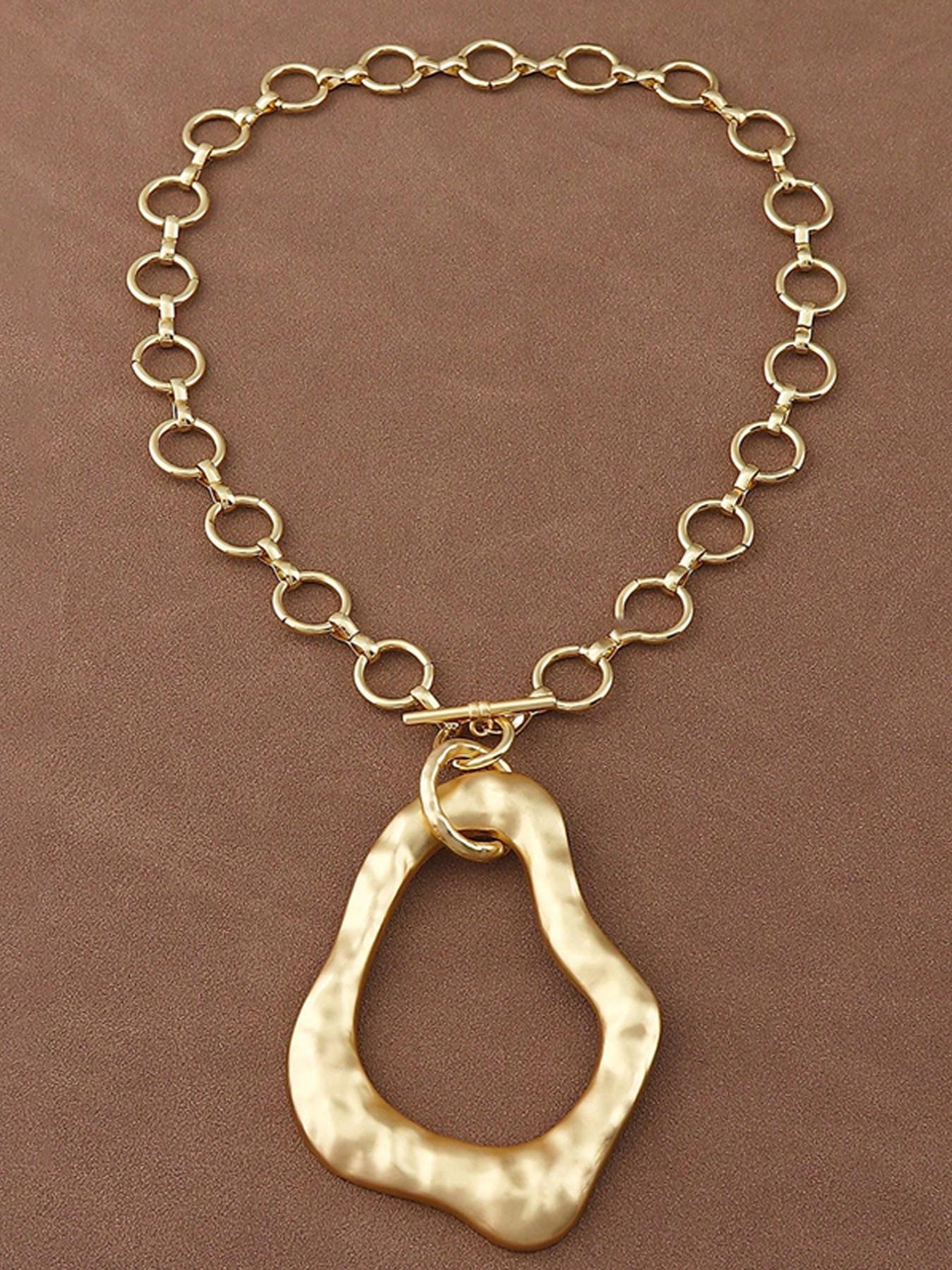 1pc Boho Fashionable Matte Gold Color Hollow Open Irregular Large Pendant Chunky Chain Statement Necklace Suitable For Women's Daily Wear 18"+2" Extend Chain