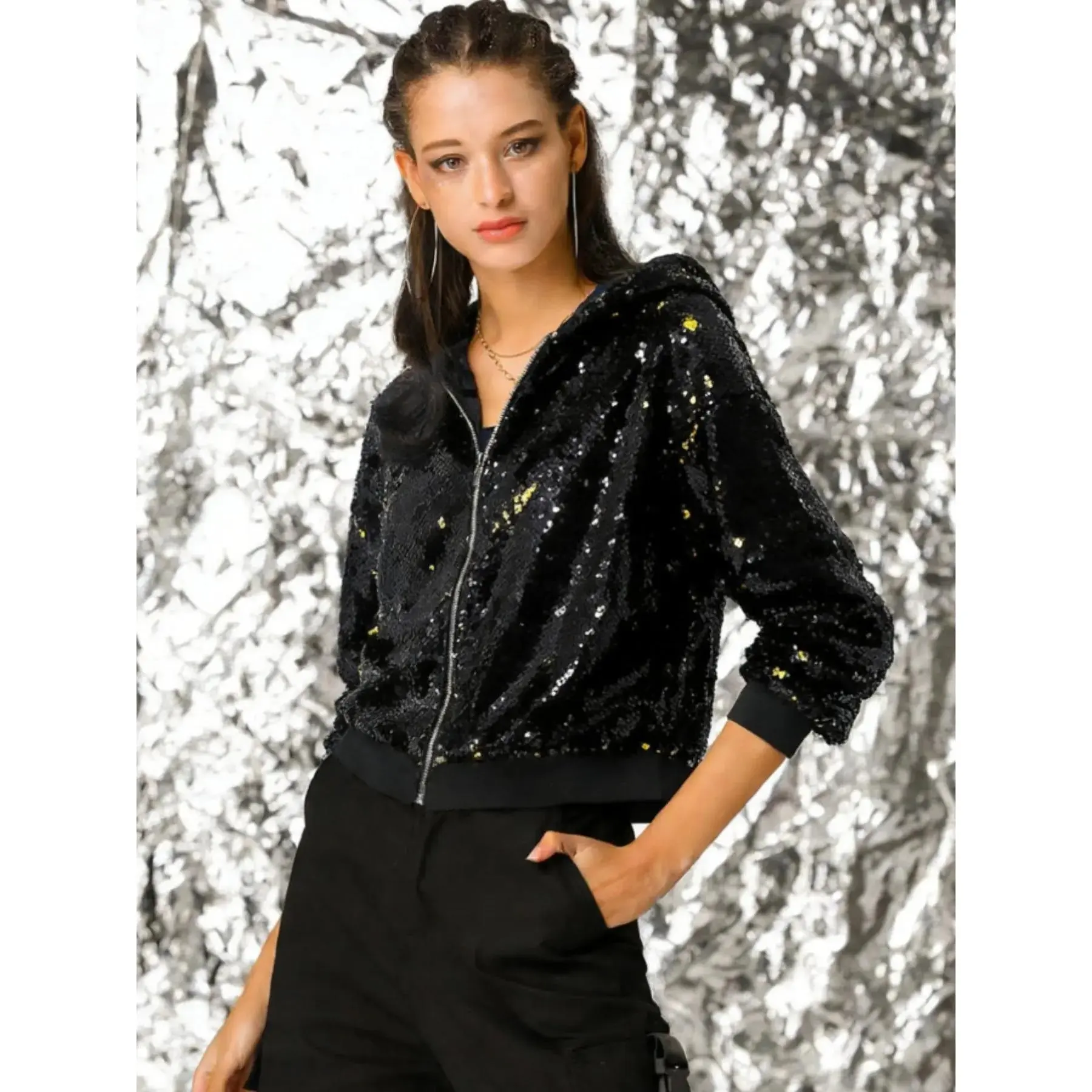 Women's Sequined Casual Jacket, Ombre Pattern, Fitted Style, Zipper Design, Long Sleeve, All Seasons Wear, Perfect for Parties