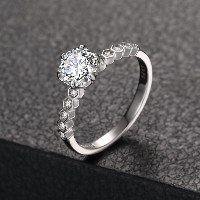 【#R42】925 Sterling Silver Synthetic Moissanite Ring, Women, 6 Prong Setting, D Color, Wedding Jewelry