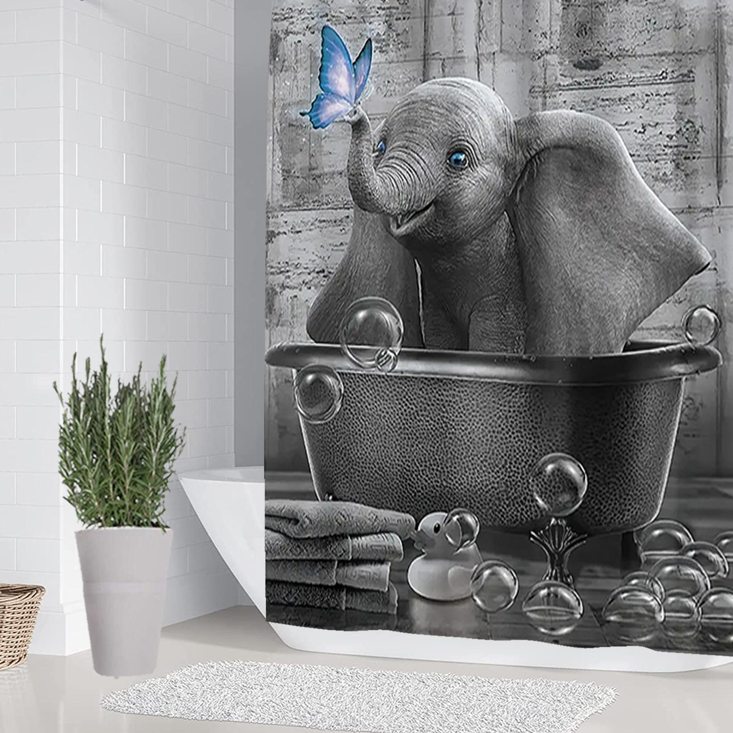 Elephant Pattern Bathroom Accessories Set, Shower Curtain, U-Shaped Toilet Pad, Long Rectangle Mat, Toilet Seat Cover, Fashionable Bath Decor
