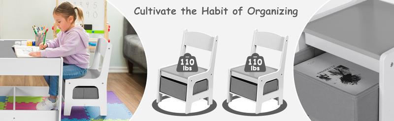 3-Piece Kids Table and Chairs Set, Wood Children Activity Desk Indoor Toddler Play Table and 2 Chairs Set with Storage, for Drawing Reading Crafts, Playroom, Nursery