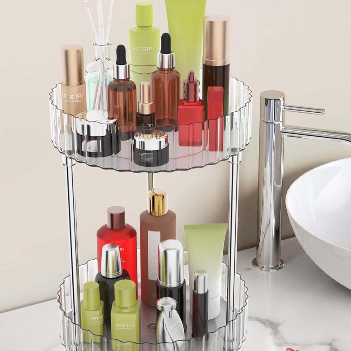 Luxury Transparent 360° Rotating Makeup Organizer Rack, Multi-Functional Dressing Table Skincare Storage Box, Elegant Cosmetic Holder