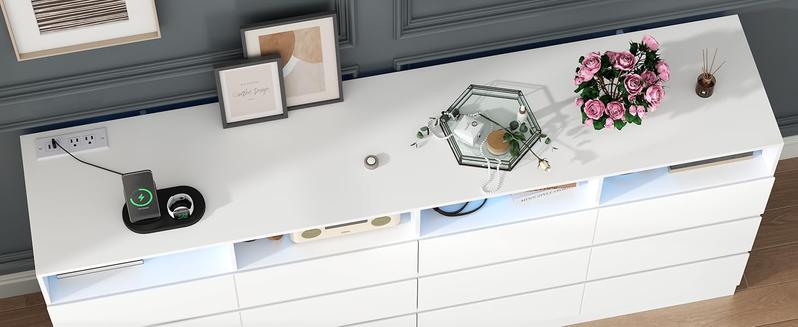 12 Drawer White Dresser with Charging Station & Led Lights for Bedroom, ,Large Dressers Organizer with 4 Open Cubbies Modern Accent Cabinet