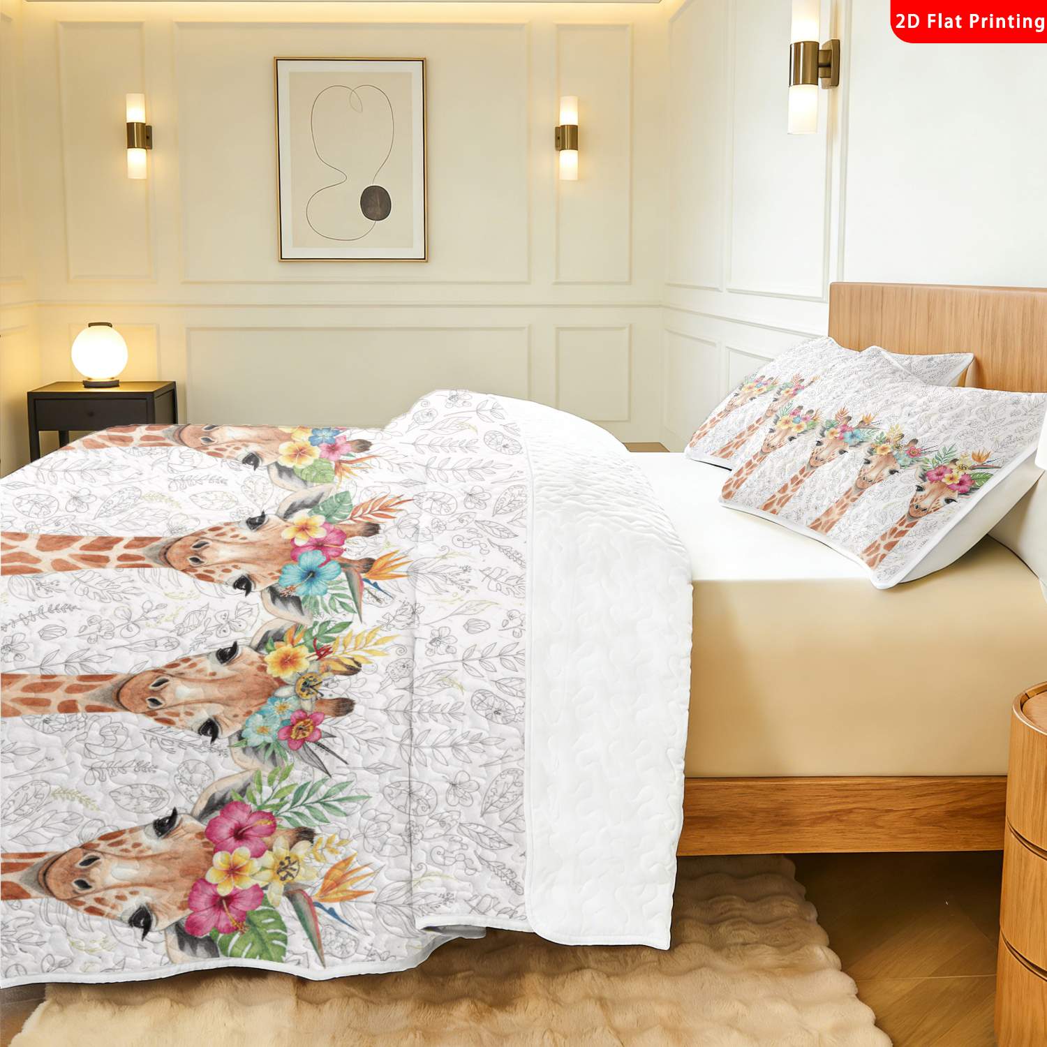 3 pcs, 2D flat print Watercolor Giraffe Floral Crown Bed Cover Set, Multiple Sizes Available, Bedding Set, All Seasons, Gift for Loved Ones(1 bedspread , 2 pillowcases)