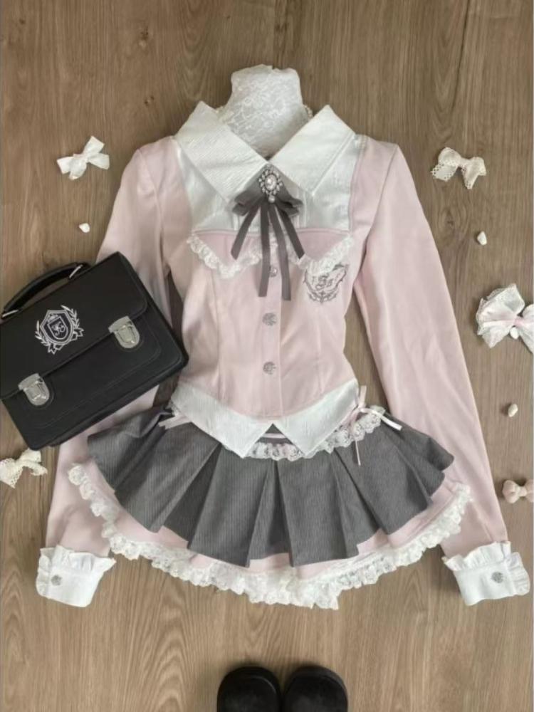 Japanese Sweet Preppy Style Skirt Set Women Kawaii Lace Patchwork Bow Tops +   Plaid Mini Skirt Elegant Outifits 2 Piece Set