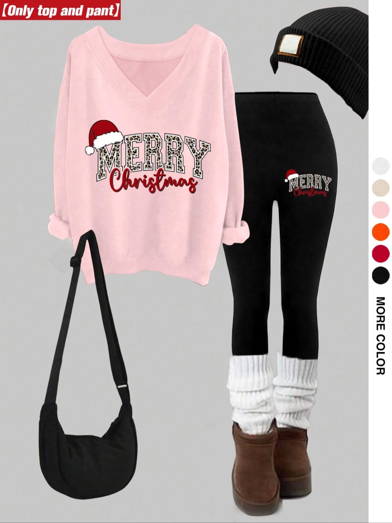 Women's Christmas Print V-Neck Long Sleeve Hoodie Set, Fitted Skinny Pants, Casual Fall & Winter, Multi Color Options, Matching Clothing Set