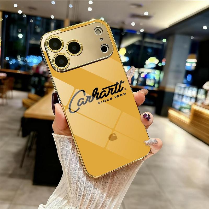 Famous Trend C-C-Carhartt Phone Case For iPhone 17 16 15 14 13 12 Pro Max Plus Electroplated Metal Bumper Case Slim Tempered Glass Back Shockproof Anti-Scratch Luxury Case Fashion Durable Stylish