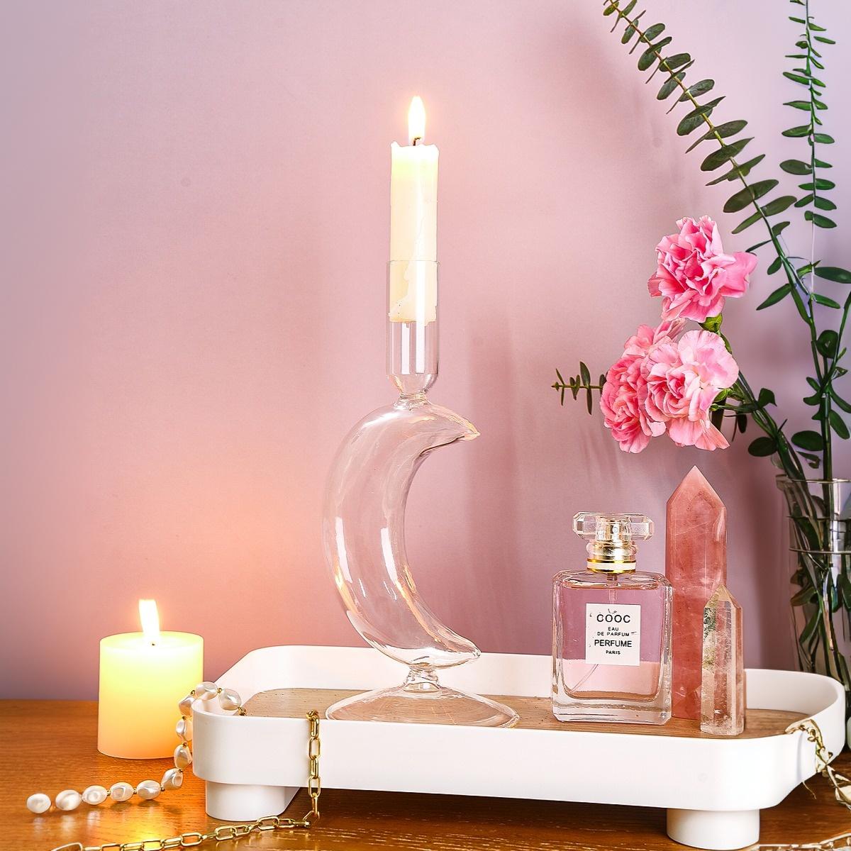 Creative Simple Crescent Moon Shape Transparent Glass Candle Holder, 8.3x4.4 Inch Warm Dinner Long Stick Candle Stand, Home Decor, Decoration Items