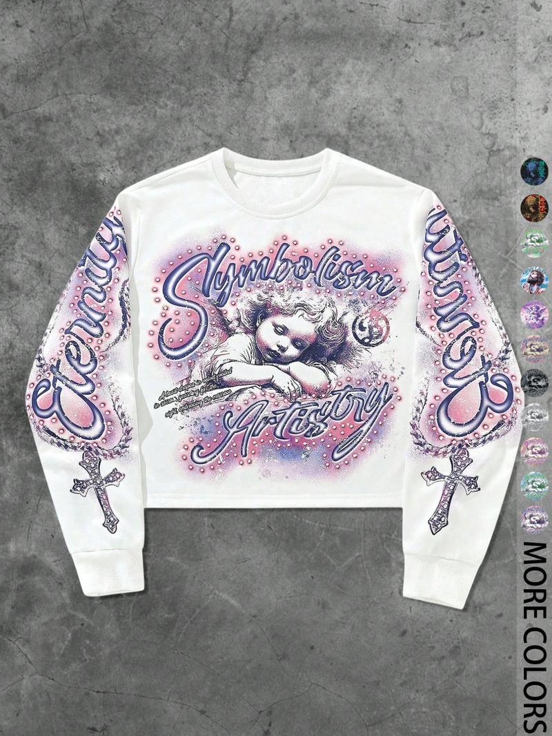 Unisex Streetwear Angel Print Design Sweatshirt, Loose-fitting Casual Long Sleeve Crewneck for Fall & Winter Fashion