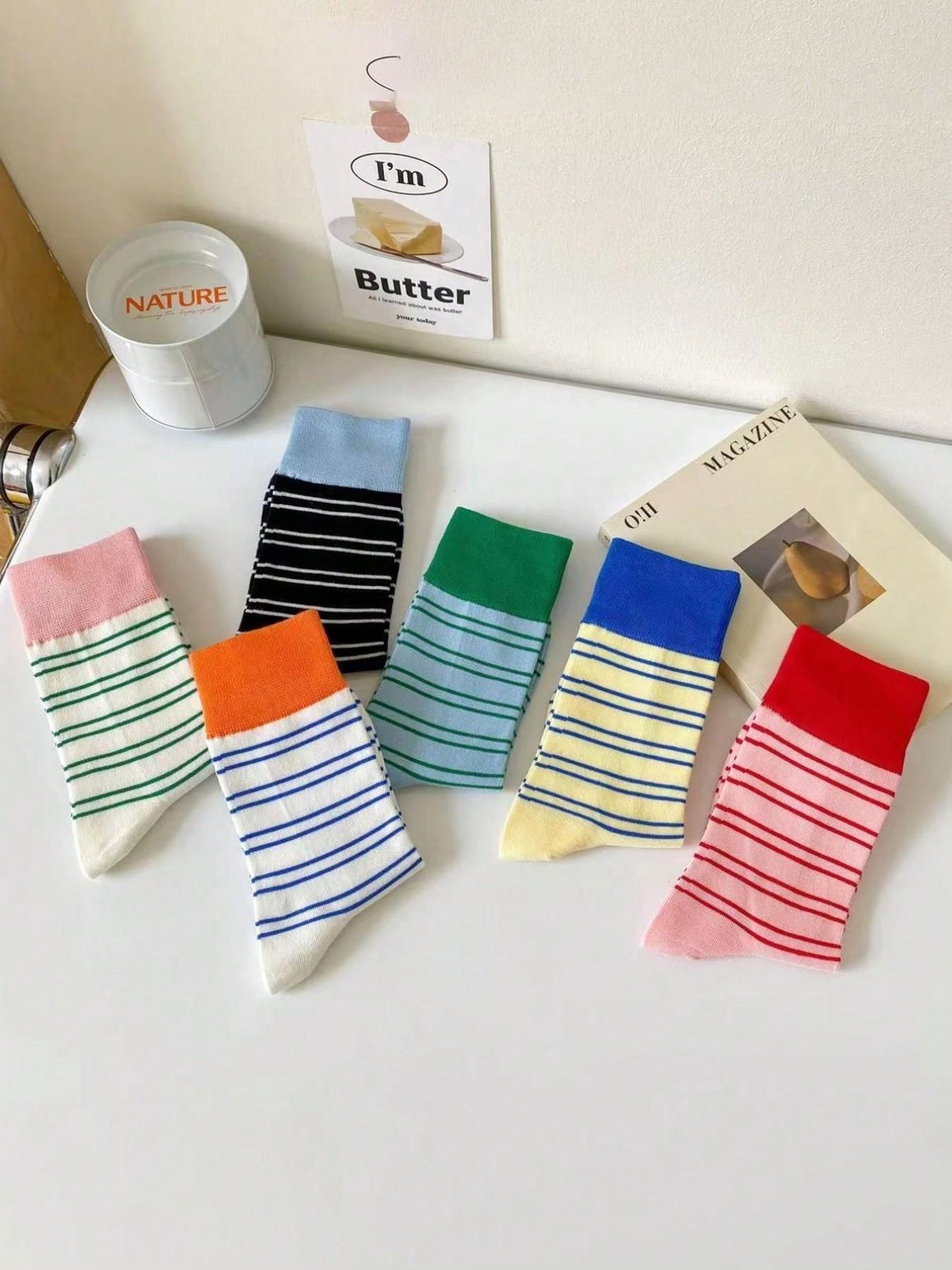 Women's 6 Pairs Colorblock Striped Crew Socks, Casual Fitted Design, Soft Comfortable Daily Wear, Perfect for All Seasons
