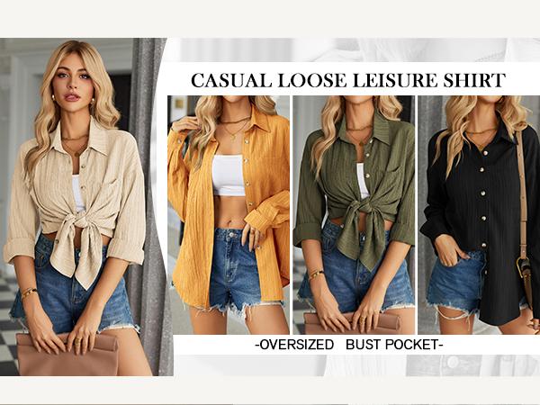 HOTOUCH Women‘s Button Down Shirts Casual Long Sleeve Dress Shirt Textured Collared Work Blouse Top with Pocket