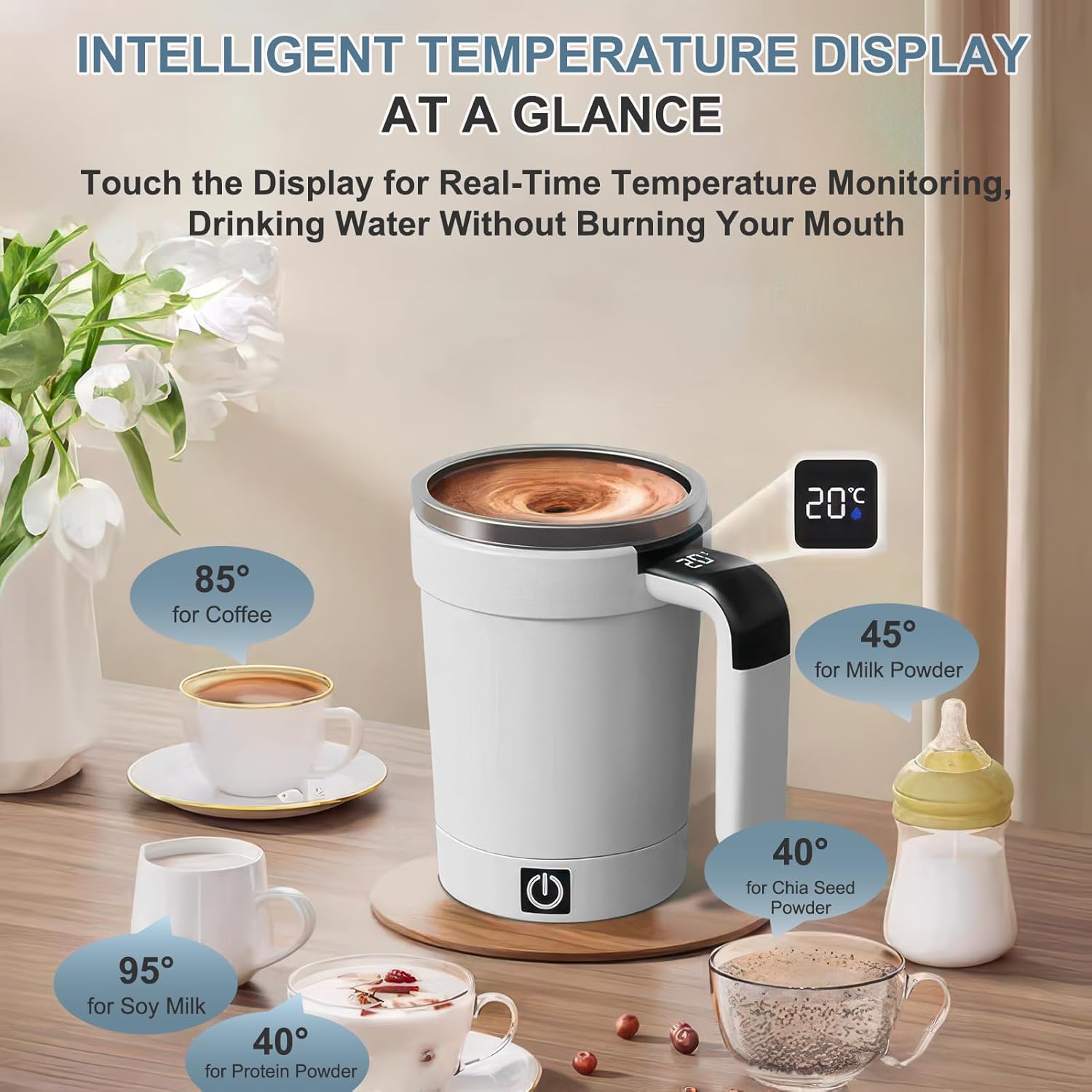 Automatic Stirring Coffee Cup, Rechargeable Automatic Magnetic Stirring Cup with Temperature Display, Drinking Cup Lid with Straw, Suitable for Coffee, Tea and Hot Chocolate, Stirring Mug
