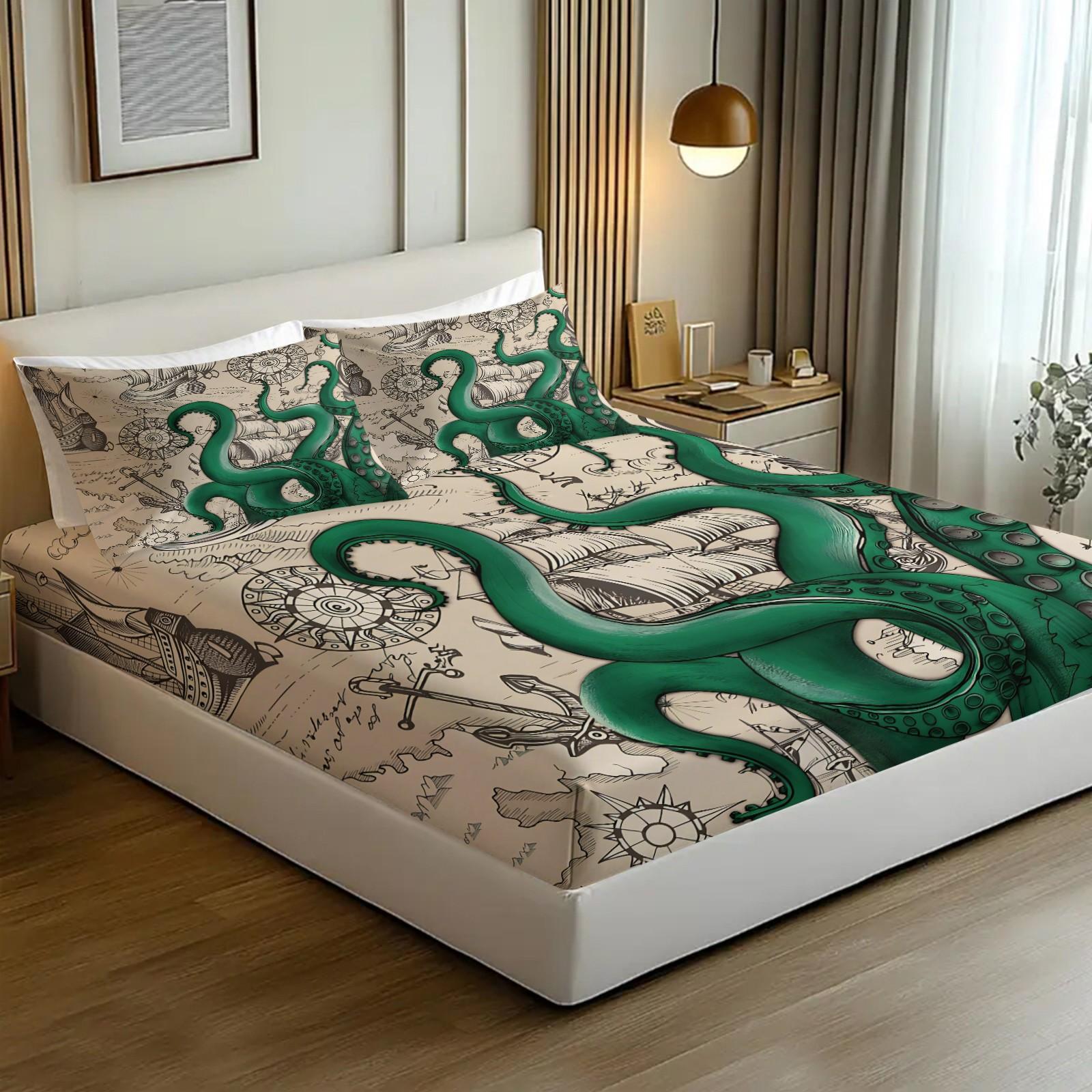 3PCS Vintage Octopus Nautical Fitted Sheet Set (1 Fitted Sheet + 2 Pillowcases),Soft Breathable Fabric,Deep Pocket Anti-Slip Full Wrap,HD Vivid Digital Print,Kraken Pirate Ocean Bedding For Bedroom, Dorm & Guest Room