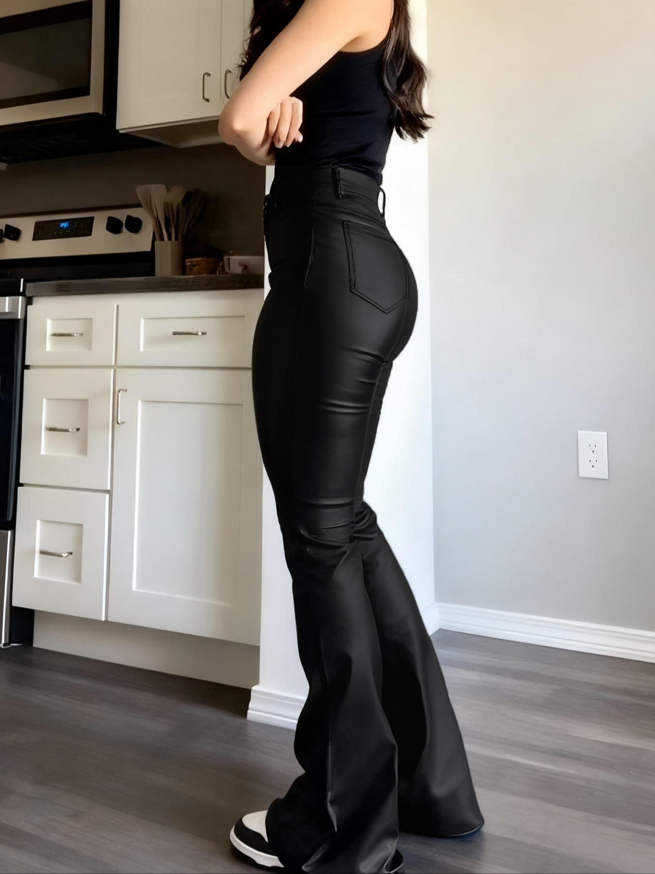 GILIPUR Y2K High Waist Coating Flare Leg Pants,Casual Lounge Pants Comfy Plain Button Pocket Trousers,Women's Ladies Bottoms For All Seasons Fall & Winter Clothes,Stretchy Coating  Flared Leg Pants,T-Chic