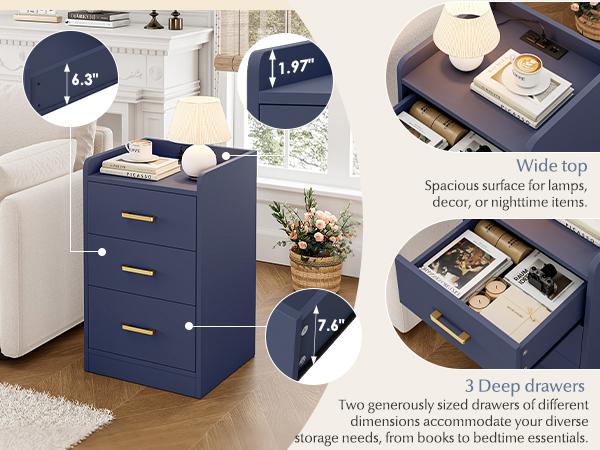 FOTOSOK Nightstands Set of 2 Black Nightstand with Charging Station, 3 Drawer Nightstand with Gold Handles, Side Table for Home Office