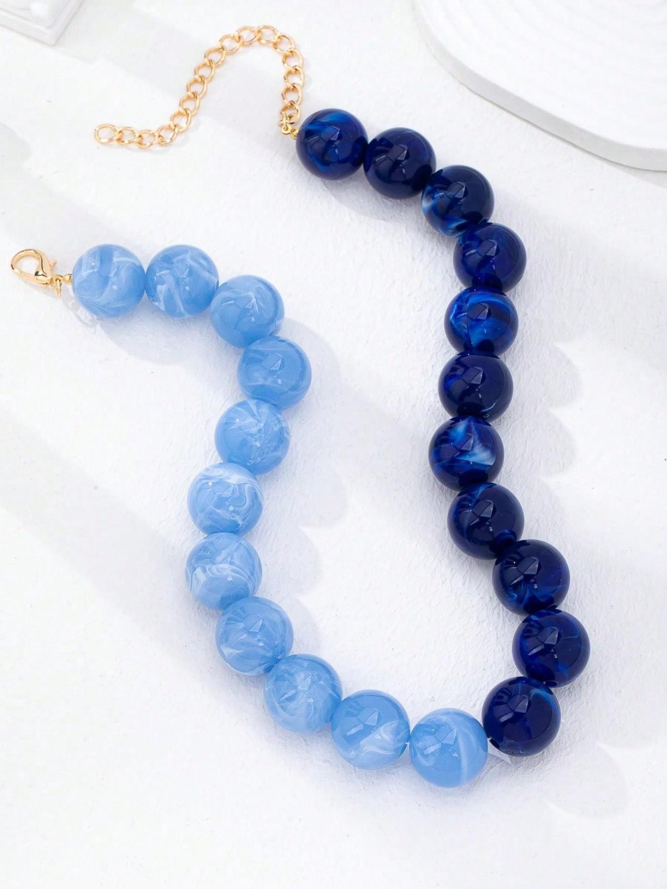 2Pcs Blue Ombre Chunky Beaded Statement Necklace for Women - Marbled Acrylic Resin Ball Bead Choker, Bold Summer Fashion Jewelry, Boho Style Necklace, Bead Necklaces