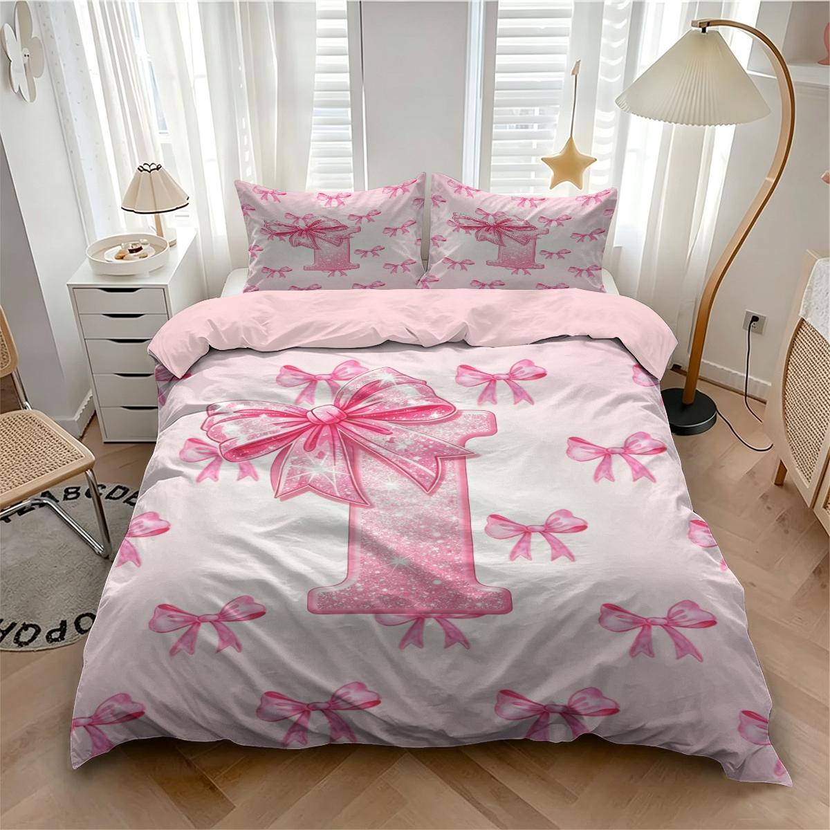 Pink Letter A~Z Bow Pattern Duvet Cover Set, 2/3Pcs Aesthetic Cute Bedding Set, Comfy Bedding Set, Breathable Quilted Quilt, Sweet Girly Bed Linens, Perfect for Teen Girls Bedroom Decor. 1 or 2 Pillowcase, No Filling