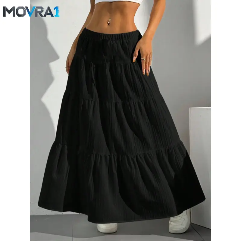 MOVRA1 Women's Waist Elasticated Pleated Hem Long Flowy Skirt, Casual A-Line Skirt, Elegant Casual Skirt, Loose Fit, All Seasons, Plain Pattern, Minimalist, Bottom, Womenswear, Loose Fit Skirts, Elegant Fashion Skirt