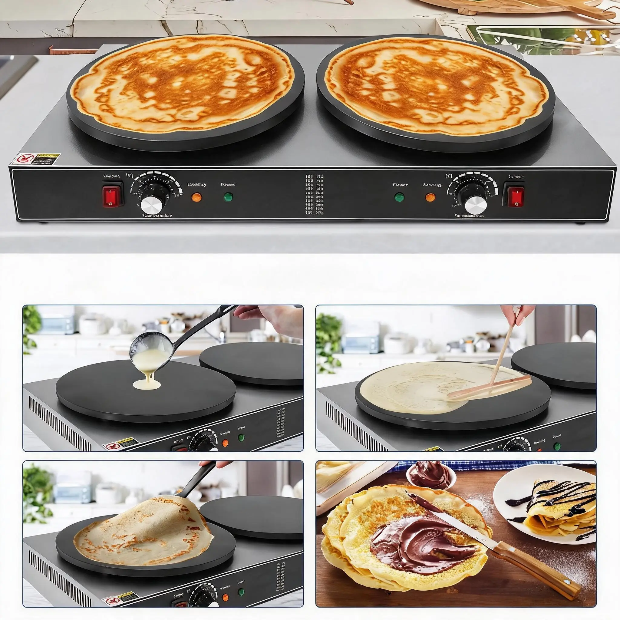 110V Plug Corded Electric Crepe Maker with Temperature Set, 15.75 in Non-Stick Plate, Commercial Griddle for Home Kitchen & Breakfast Shop