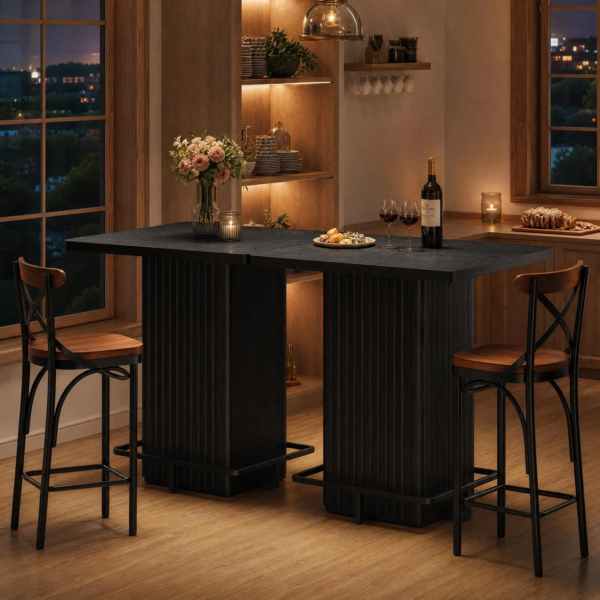 GARVEE 31.5" Square Counter Height Bar Table with Fluted Pedestal - Modern Black Embossed Pub Table for Small Spaces, Kitchen