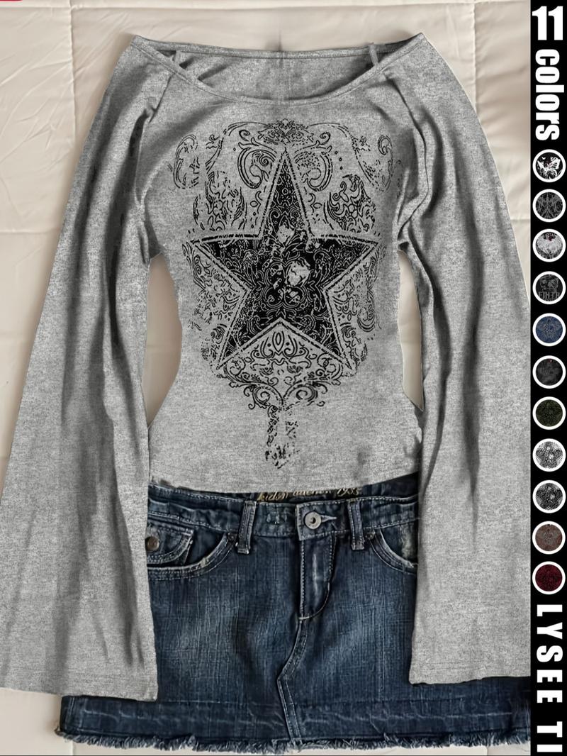 Fashion and casual Y2K women's five pointed star printed round neck flared sleeve top