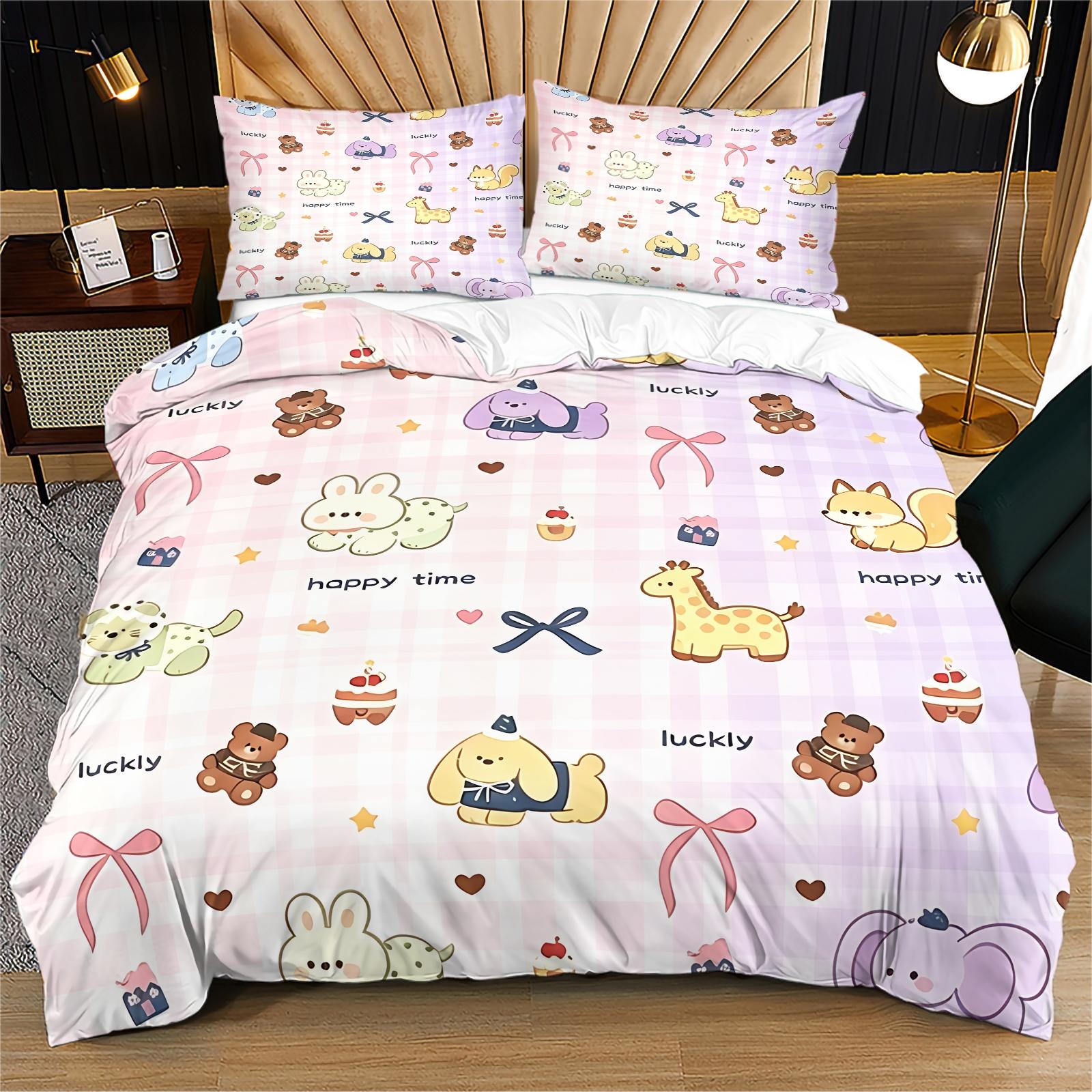 3-Piece Korean-Style Cute Cartoon Bear Checkered Duvet Cover Set, Perfect for Teenage Boys. Ultra-Soft Bedding, Fits a Double Bed. Full Queen-Size Duvet Cover Set (Filling Not Included)