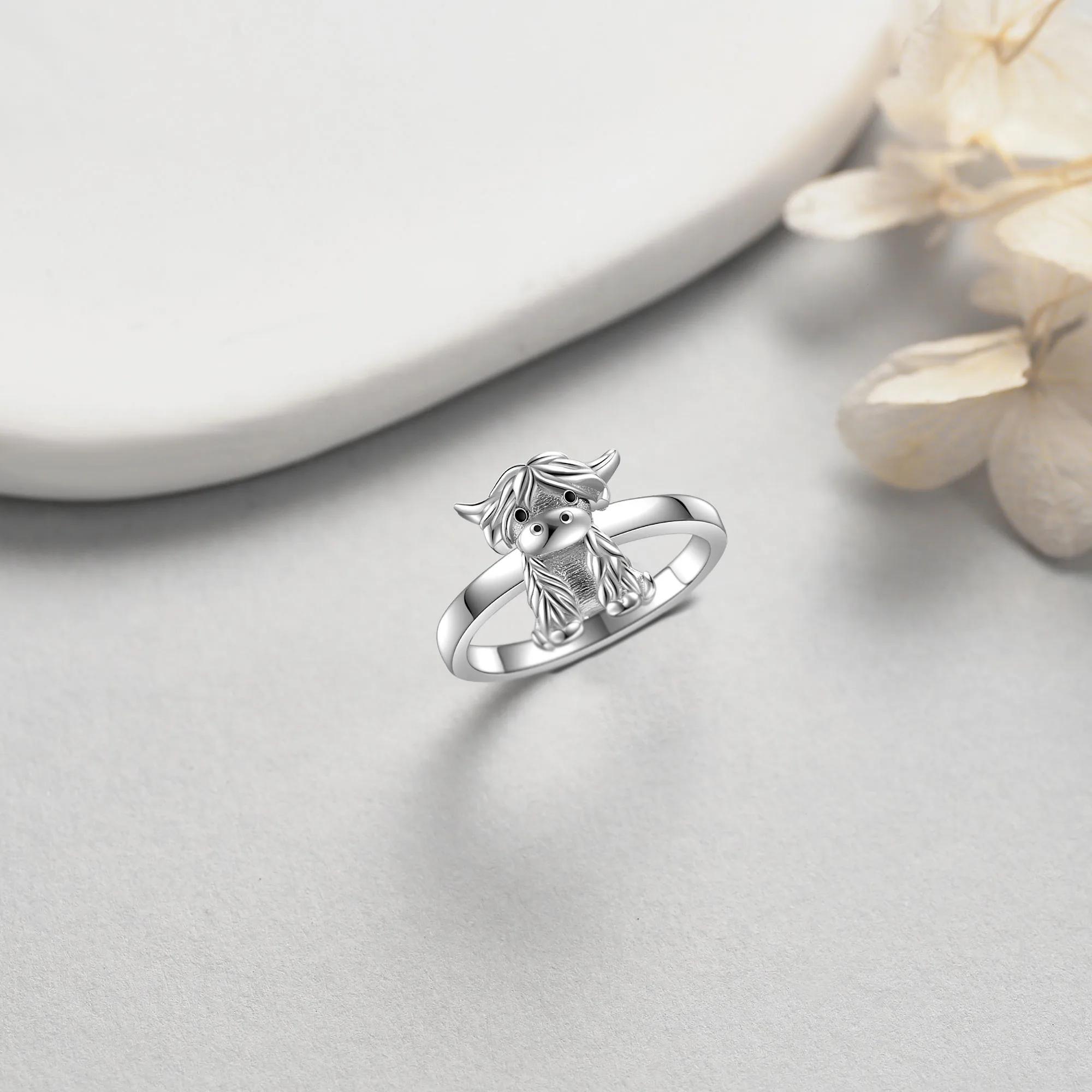 S925 sterling silver alpine cow ring 3D carving Perfect fashion summer jewelry gift for gift giving Sterling silver hand forged Moissanite Sterling Silver Eternity Ring jewelry  shopping