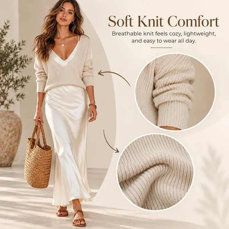 Create an effortlessly elegant look with this women’s 2 piece sweater dress set, featuring a soft V-neck knit pullover and a silky satin slip maxi dress.The relaxed sweater adds cozy texture and easy layering, while the smooth satin dress drapes beautifu