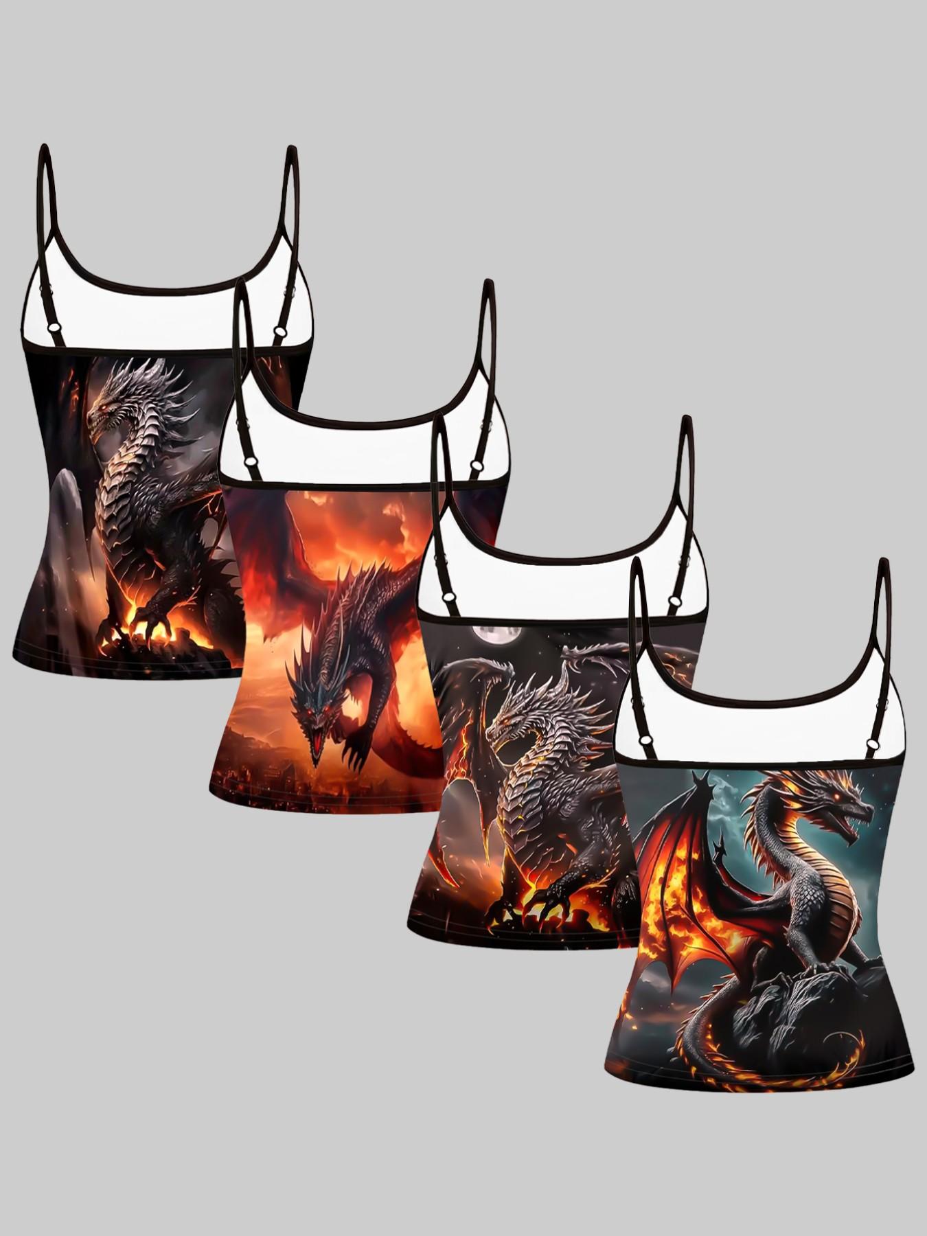 Flame Dragon Print Strap Set, Summer Home Sleepwear, Casual Slim-Fit Top, Sleeveless All-Over Print, Unique Stylish