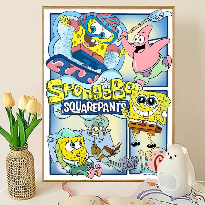Animated Cartoon S-Sponge-Bob Poster Sticky Wall Art Printing Waterproof Modern Aesthetic Home Living Bedroom Decor Trendy Room Decoration Gift Durable High Quality