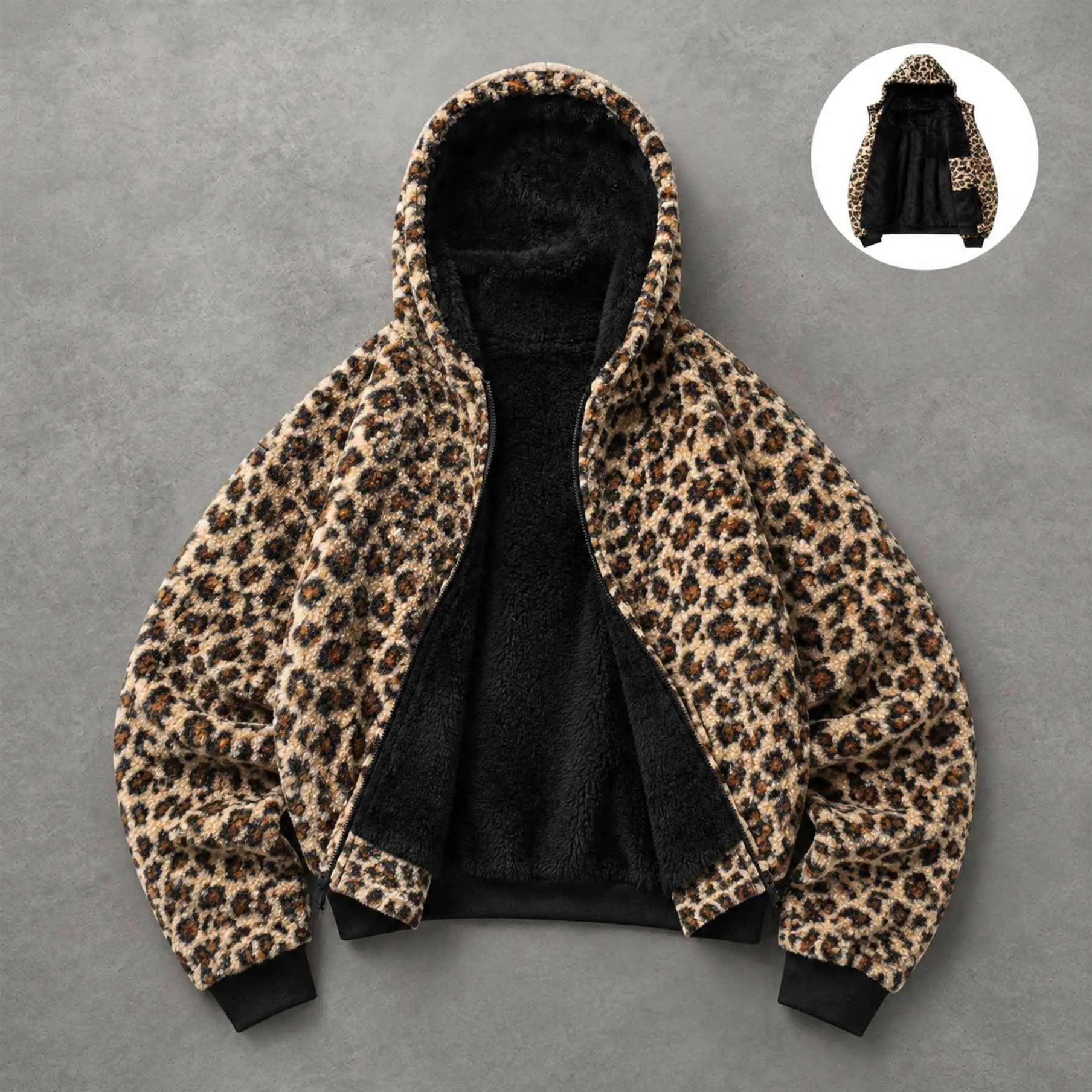 Unisex Thick Plush Lined All-Over Leopard Print Streetwear Hooded Zip Jacket - Loose-Fit Full Zip Coat, Trendy Casual Outerwear, Ideal Gift for Autumn and Winter Daily Outfits