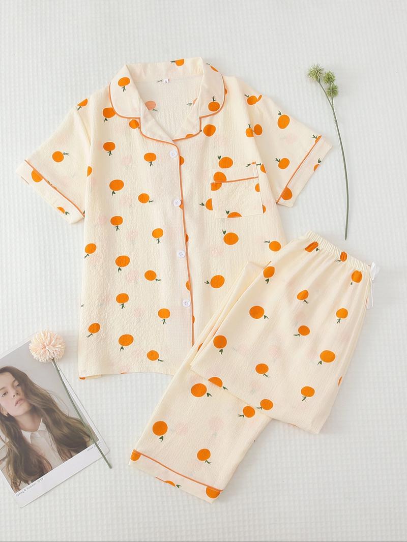 Two-Piece Set Women's All Over Print Pajama Set, Button Front Short Sleeve Shirt & Elastic Waist Pants Lounge Co-ord Set, Summer Outfits 2024, Lady Summer Homewear