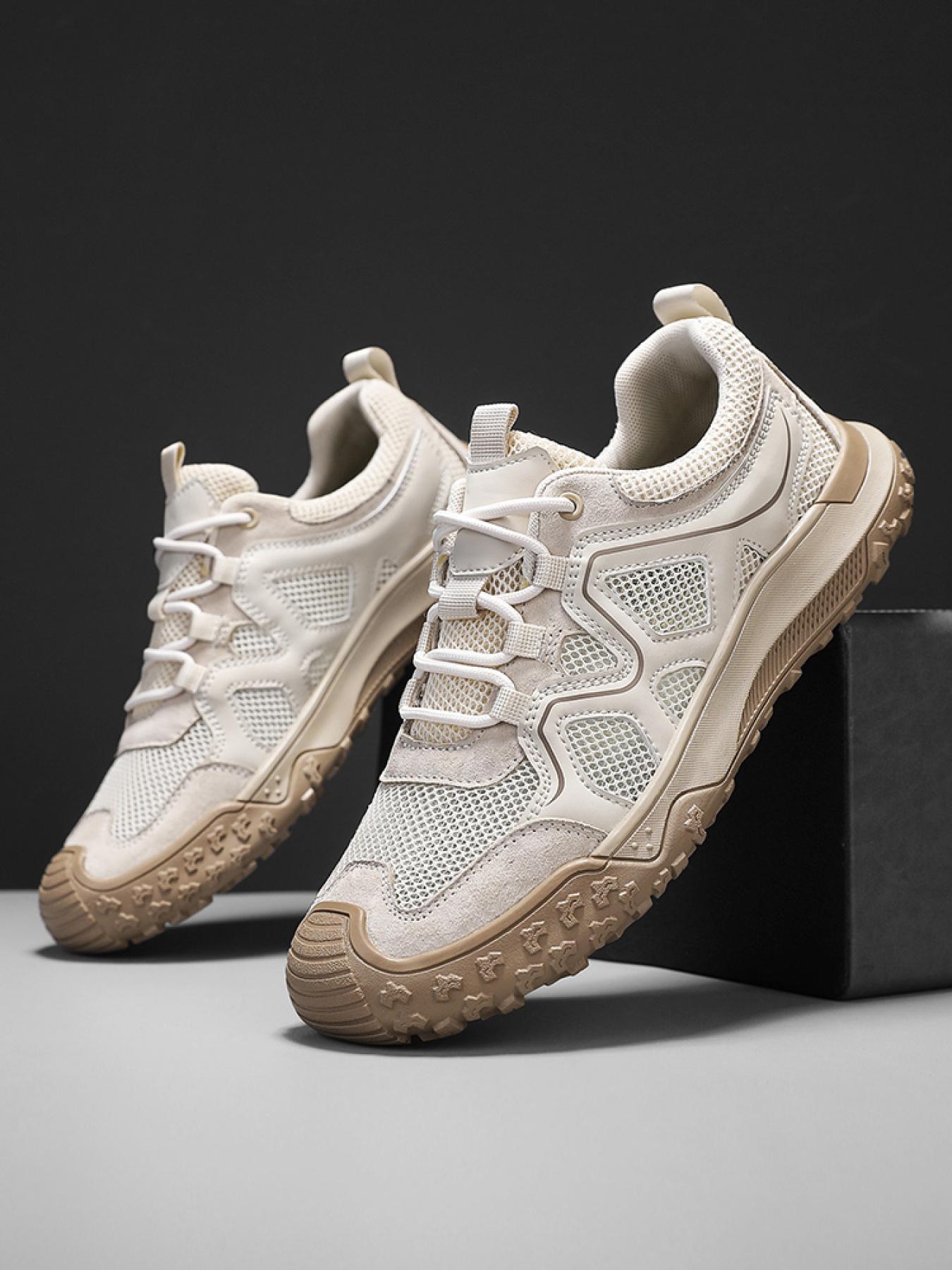 Men's Solid Color Mesh Breathable Outdoor Hiking Shoes Drawstring Toe Cap Trekking Shoes Non-Slip Wear-Resistant Casual Sneakers