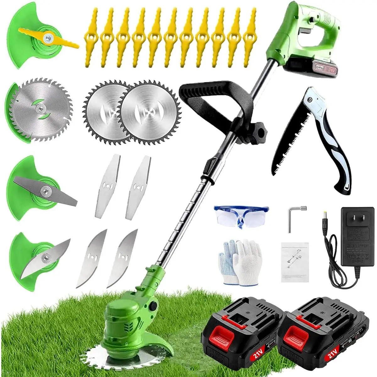 Weed Wacker, Battery Powered Weed Wacker with 2 X 21V 2000mAh Batteries, Electric String Trimmer, 3 in 1 Lightweight Grass String Trimmer Brush Cutter, Stringless Weed Trimmer for Home Gardens