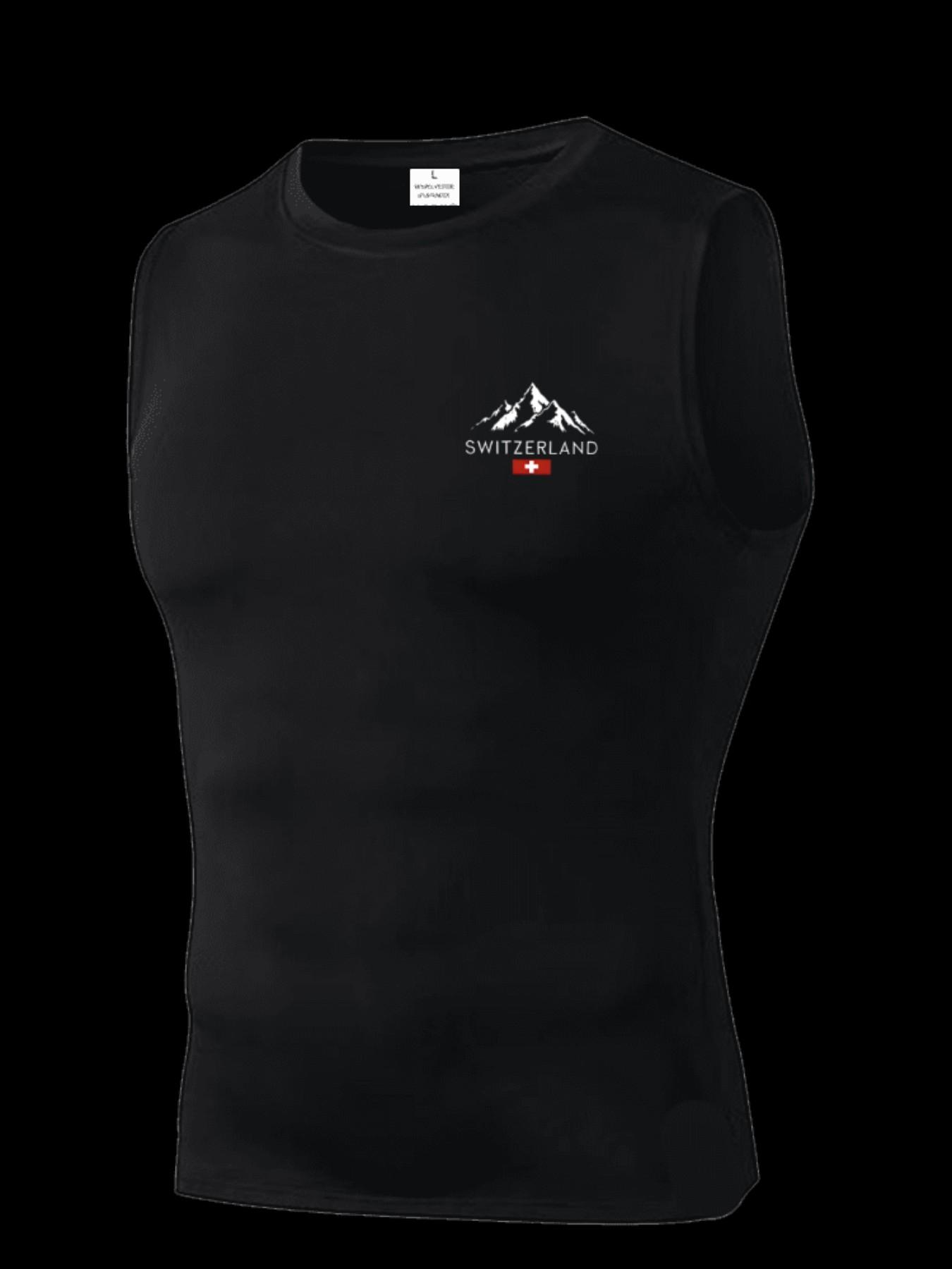 Men's Short Sleeve Sporty Slim-Fit Tee, Quick-Dry Breathable Fabric, Switzerland Print, Ideal for Gym, Running, Boxing, Outdoor Activities