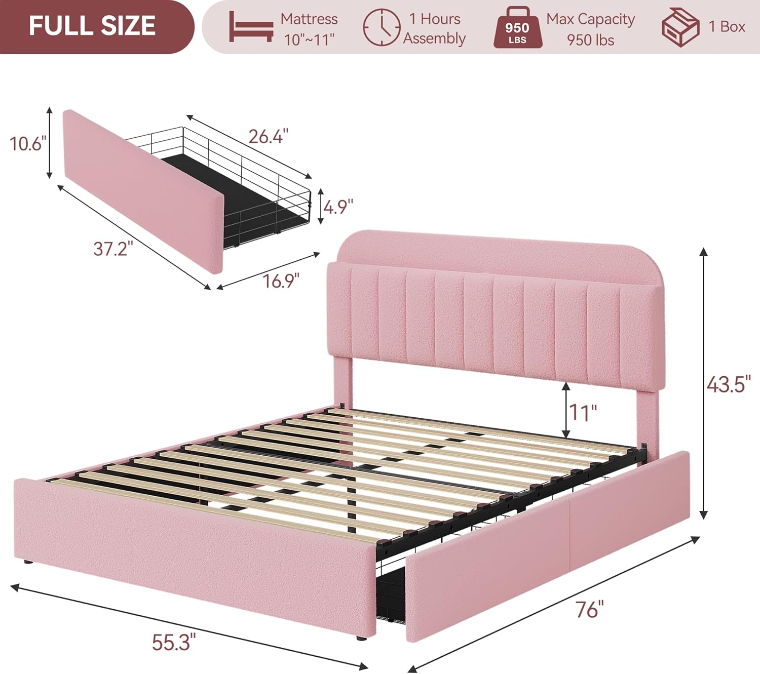 Twin Size Bed Frame with 2 Flexible Drawers, Boucle Upholstered Platform Bed Frame with Bookcase Headboard, Bedframe for Kids/Girls, Easy Assembly, No Box Spring Needed, Noise Free
