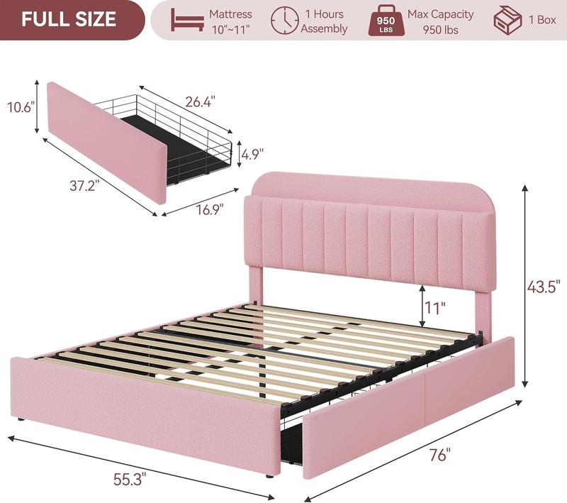 Twin Size Bed Frame with 2 Flexible Drawers, Boucle Upholstered Platform Bed Frame with Bookcase Headboard, Bedframe for Kids/Girls, Easy Assembly, No Box Spring Needed, Noise Free