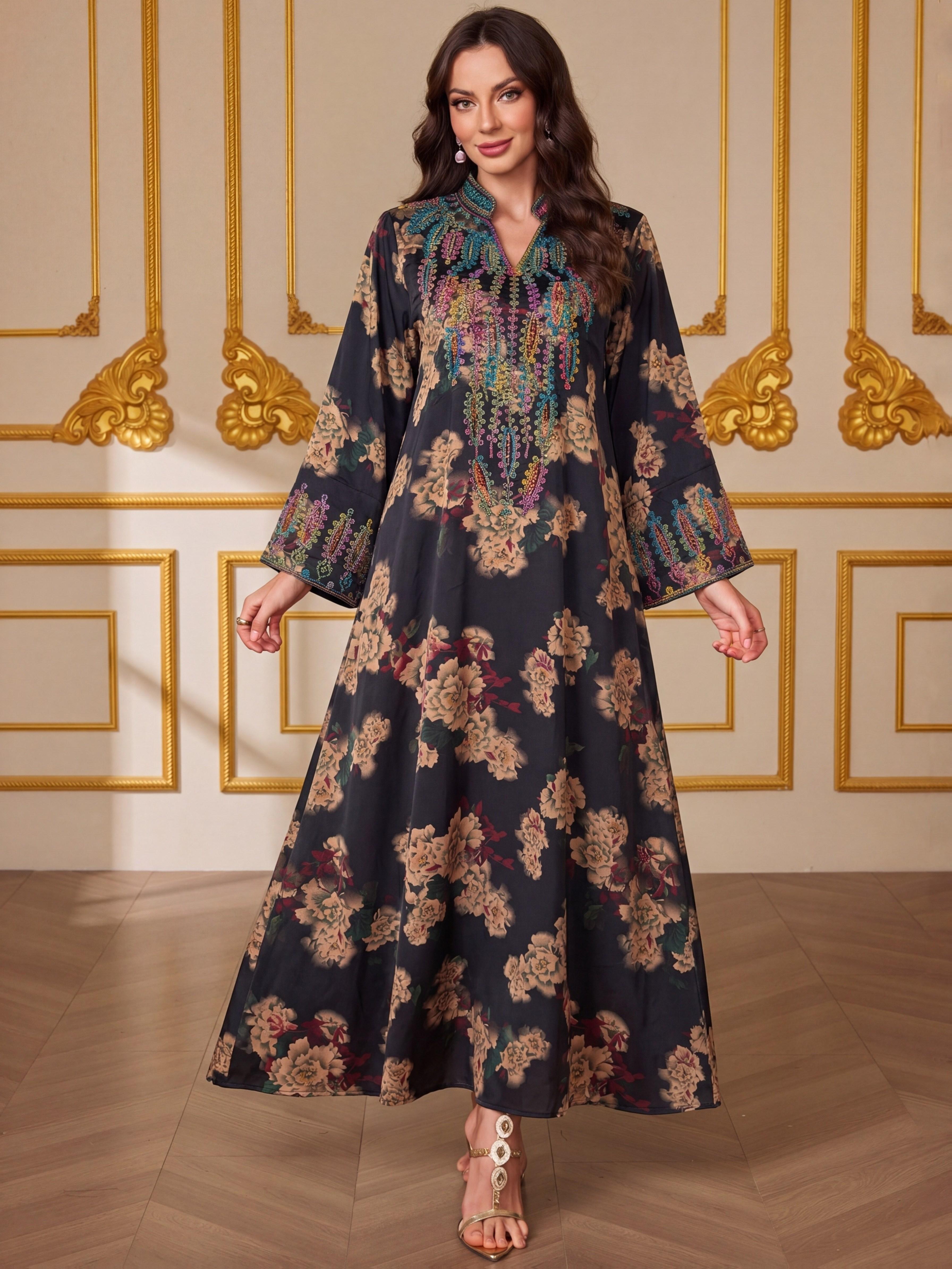 Middle Eastern Muslim Fashion Abaya, V-Neck Embroidered Ethnic Long Sleeve Islamic Embroidery Abaya Dress, Modest Style, All Seasons Fitted Glossy Fabric, 103375 Model