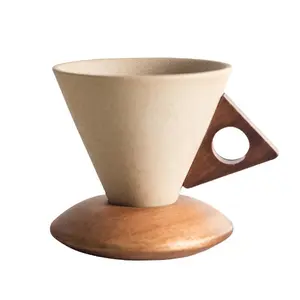 Saucer Coffee Cups Set, Summervibes Ceramic Porcelain Mugs with Acacia Wooden Saucers, Natural Earthiness Finish, Durable Sustainable Aesthetic Drinkware for Espresso, Gift for Coffee Enthusiasts Summerwins