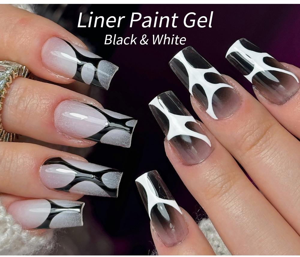 AWStorG 2Pcs/Set Black White Liner Gel Nail Polish Set, French Line Graffiti Painting Stripe Design, Ultra-fine Brush Head, Soak-Off Gel Varnish Girls Nail Art Gift